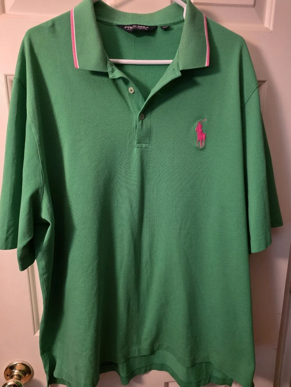 Ralph Lauren Green Polo with Pink Pony & Collar Trim